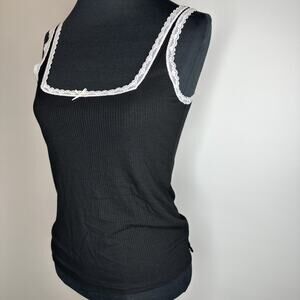 Honey Dew Fine Rib Lace Trim Tank Top Cami Square Neck Black Size S Soft Comfy